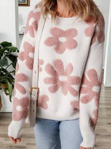 SHEIN LUNE Áo len chui đầu cổ tròn họa tiết hoa Jacquard màu trắng cỡ lớn dành cho nữ công sở thường ngày, trang phục ngày lễ, áo thun đồng quê, cho mùa đông - trắng - Xem 8