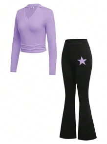 2pcs Set: Teenage Girls Sweet Y2K Style Pink Knitted V-Neck Ruffle Waist Long Sleeve Cropped Top, Stretchy Star Print Flare Pants - Multicolor - View 3