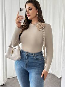 Firerie Plus Size Women's Autumn And Winter Elegant And Comfortable Long-Sleeved Khaki Apricot Three-Dimensional Flower Slim Long-Sleeved T-Shirt