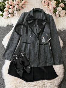 SHEIN Unity 大码女式休闲简约条纹纹理西装外套，带蝴蝶结领口装饰 - 深灰色 - 查看 1
