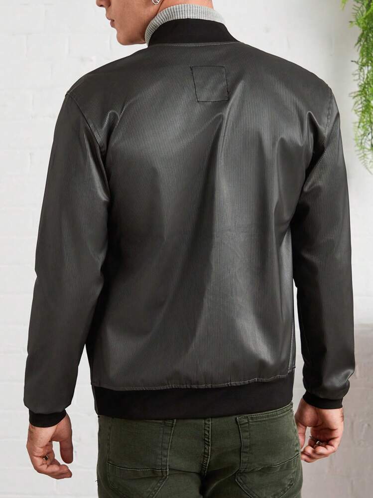 RueChic Men Solid Regular PU College Bomber Jacket - Black - View 2