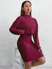 Flirla 2pcs Women Autumn Solid High Neck Drop Shoulder Long Sleeve T-Shirt And Fitted Slip Dress Set For New Year Clothes
