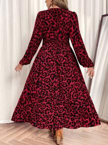 SHEIN VCAY Plus Size Lantern Sleeve V-Neck Leopard Print Dress, Vacation Style