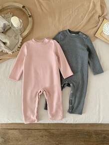 SHEIN 2 Peças Conjunto de Macacão de Manga Longa Elástico Sólido Fofo para Recém-Nascido Menina, Outono/Inverno - Multicolorido - Visão 7