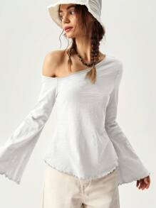 Bohemela Vacation Casual Solid Color Asymmetrical Neck Bell Sleeve T-Shirt