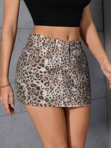 SHEIN Essnce Women's Casual Leopard Print Denim Mini Skirt With Pockets - Multicolor - View 6