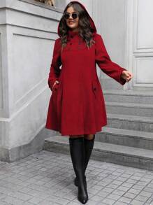 SHEIN Clasi Abrigo con capucha de diseño de doble botonadura, manga larga y bolsillos para mujer de talla grande, para otoño/invierno
