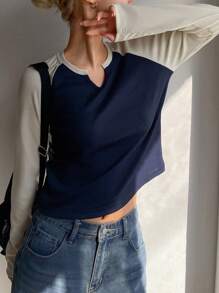 DAZY 女式休闲 V 领拼色长袖 T 恤，秋季 - 藏蓝色 - 查看 6