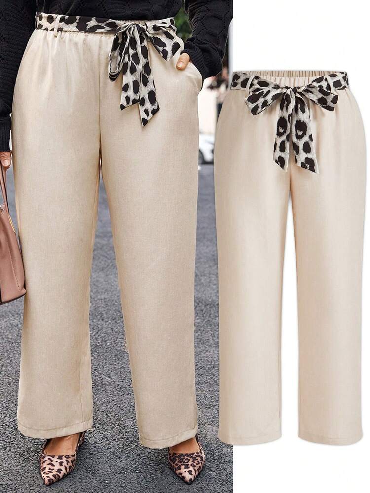 Plus Size Khaki Leopard Patchwork Front Tie Waist Elegant Casual Mom Pants, Everyday Comfort Winter Women Clothes