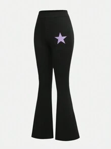 2pcs Set: Teenage Girls Sweet Y2K Style Pink Knitted V-Neck Ruffle Waist Long Sleeve Cropped Top, Stretchy Star Print Flare Pants - Multicolor - View 10