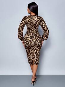 SOLERSUN 女士撞色蕾丝豹纹深 V 灯笼袖紧身中长连衣裙长款女装优雅通勤休闲约会性感浪漫情人节约会春夏新款 - 棕色 - 查看 2