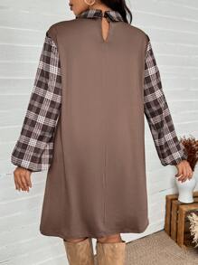 SHEIN LUNE Vestido casual holgado de talla grande para mujer con mangas farol, parches de cuadros y costilla recta, para uso en el otoño, fiesta de vacaciones o evento festivo