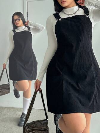 POPSWAY Plus Size A-Line Utility Pocket Suspender Dress