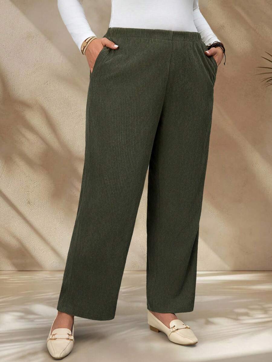 EMERY ROSE Plus Size Women Solid Color Elastic Waist Pockets Casual Pants, Winter Clothes For Women - Army Green - View 1