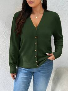 CosyJoli Women Plus Size Casual All-Match Solid Color Cardigan, Versatile, Spring - Army Green - View 12