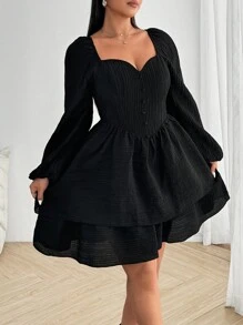 Vionelle Plus Size Sweet Square Neck Ruffle Hem Puff Dress Fall Cloth For Women - Black - View 6