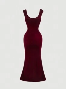 SHEIN MOD 女士细肩带蝴蝶结露背开衩胸围设计褶饰鱼尾天鹅绒红色连衣裙，红色女士连衣裙，新年女装，除夕连衣裙，连衣裙，新年派对女装，节日女装，新年连衣裙，节日派对女装 - 酒紅色 - 查看 2