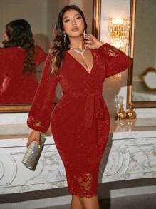 SHEIN Clasi Plus Size Women Glittery Overlapping V-Neck Lantern Sleeve Fitted Elegant Dress For Christmas Fall Cloth For Women - Red - View 7