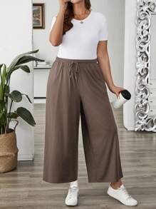 EMERY ROSE Plus Size Women's Solid Color Drawstring Wide Leg Loose Casual Summer Outfits Pants Fall - Coffee Brown - View 4