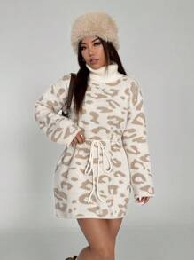 Flirla Casual Versatile Leopard Print Turtleneck Sweater Dress