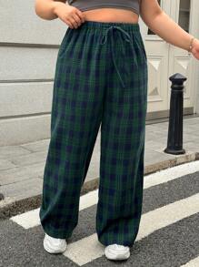 SHEIN EZwear Plus Size Women's Plaid Belted Straight Loose Pants, Autumn/Winter