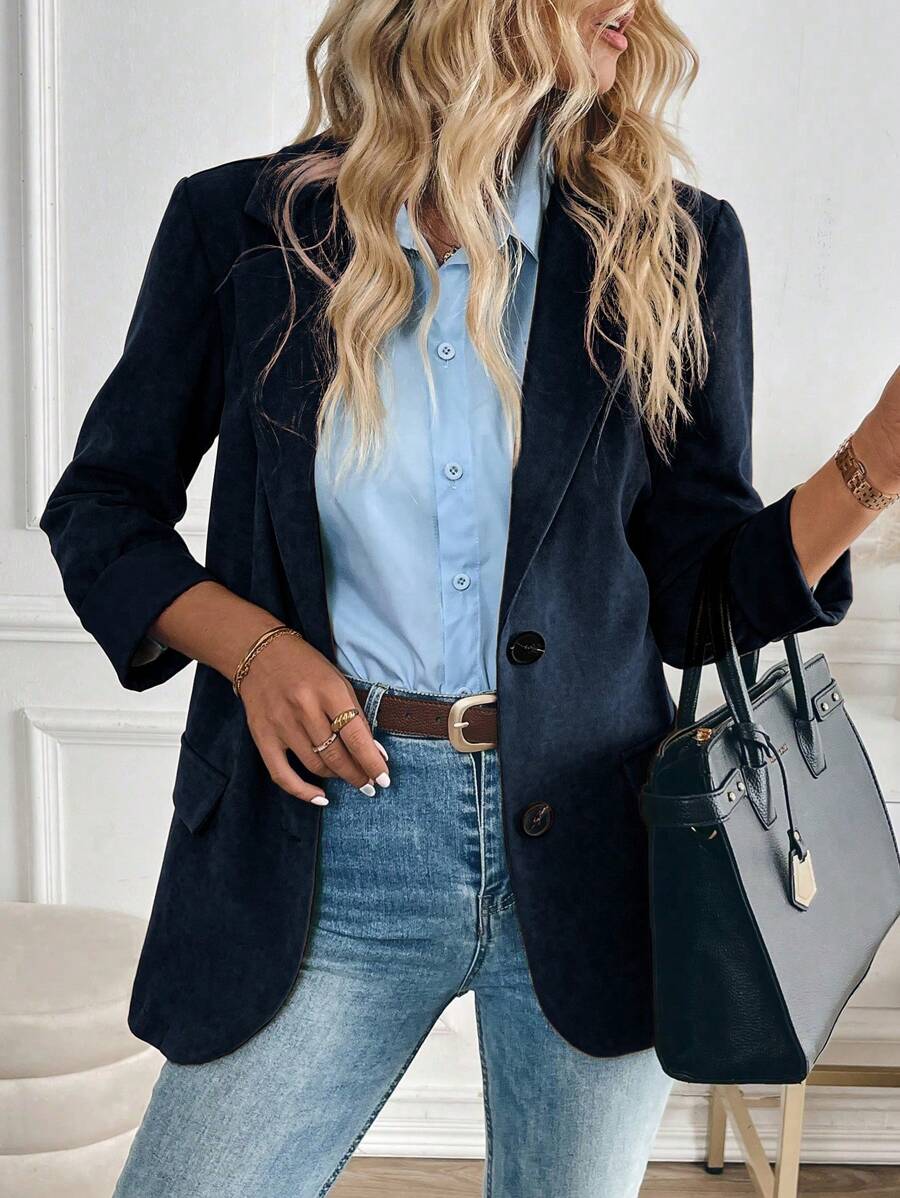 SHEIN Clasi 棕色翻领仿口袋装饰西装外套 - 寶藍色 - 查看 1