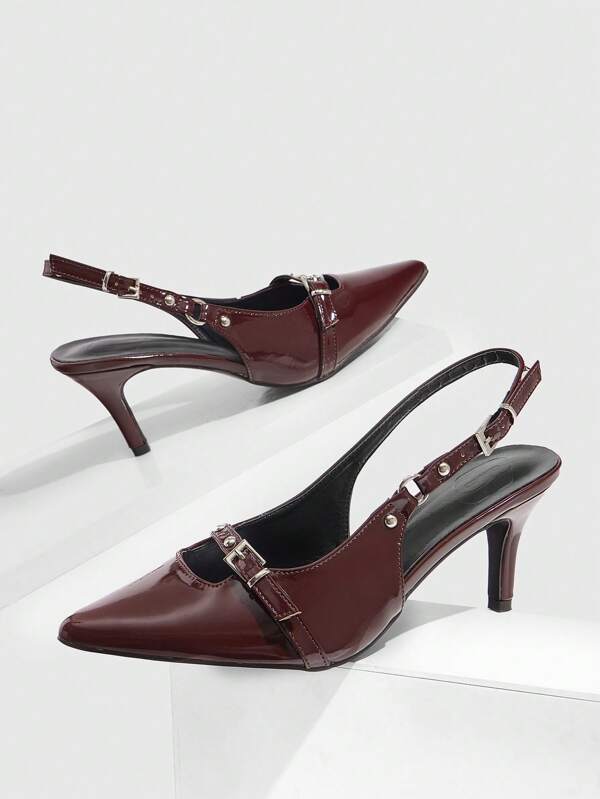Cuccoo CUCCOO GRLICON Nieten gestreifte Punk Street Style spitze Kappe niedrig Klobiger Absatz offener Rücken Burgund Pumps für Weihnachten und Silvester Stimmung Herbst und Winter für Damen