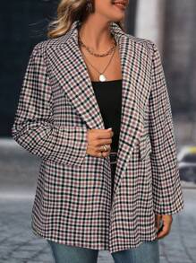 SHEIN LUNE Plus Size Women Checkered Lapel Collar Double-Breasted Casual Blazer Jacket, Autumn