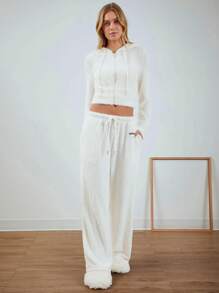 SHEIN EZwear 白色连帽紧身运动衫，简约时尚休闲，适合日常穿着 - 米色 - 查看 6