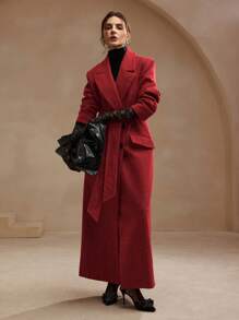 Anewsta Red Tied Waist Long Coat With Blazer Collar, Elegant & Stylish Women's Outerwear, Suitable For New Year For New Year Clothes - Red - View 1