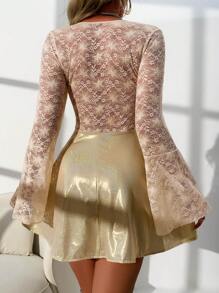 Long Sleeve Ladies' Nightgown With Embroidered 3D Floral Lace Patchwork - Apricot - View 2