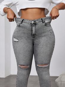 Slaydiva Plus Size Distressed Black Skinny Stretch Denim Jeans, Fall Women Clothes