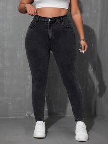 SHEIN EZwear Plus High Waist Skinny Jeans - Black - View 1