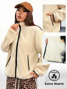 SHEIN EZwear Women's Fall/Winter Basic Date Night Sherpa Fleece Color-Blocked Coat - Beige - View 6