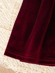 Genkimix Kids Young Girls Black Long Sleeve Ruffle Collar Velvet Long Dress, Casual Everyday Wear, Autumn/Winter - Burgundy - View 4