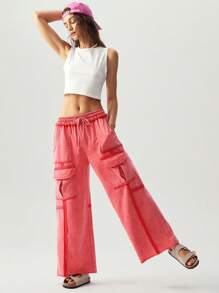 Bohemela 1 pieza Pantalones anchos de punto de unicolor con bolsillos 3D para mujer, ideal para vacaciones