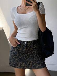 DAZY Women Square Neck Short Sleeve Slim Fit Casual Rib Knit T-Shirt - White - View 3