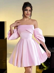 Lovelzi Elegancka romantyczna różowa satynowa kokarda z odkrytymi ramionami, sukienka księżniczki, regulowany pasek z tyłu, data, przyjęcie urodzinowe, wesele, wydarzenie, wieczór kawalerski, sukienka na studniówkę, sukienka dla gości weselnych
