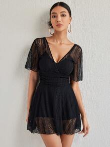 Women's Solid Color V-Neck Mesh Short Sleeve Casual Swimsuit Cover Up Dress For Vacation Summer