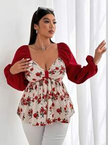 Flirla Damen Große Größen elegante Schleifen-Puff-Ärmel Taille Hoch A-Linie Shirt, süß & niedlich, Herbst/Winter Peplum Top - Verschiedenfarbig - Übersicht 5