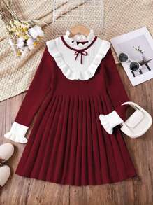 SHEIN Tween Girl Wine Red Angora Knit Sweater Dress With Ruffle Hem, Cute & Soft, Simple Yet Elegant, Versatile, Suitable For Casual, Party, Autumn/Winter