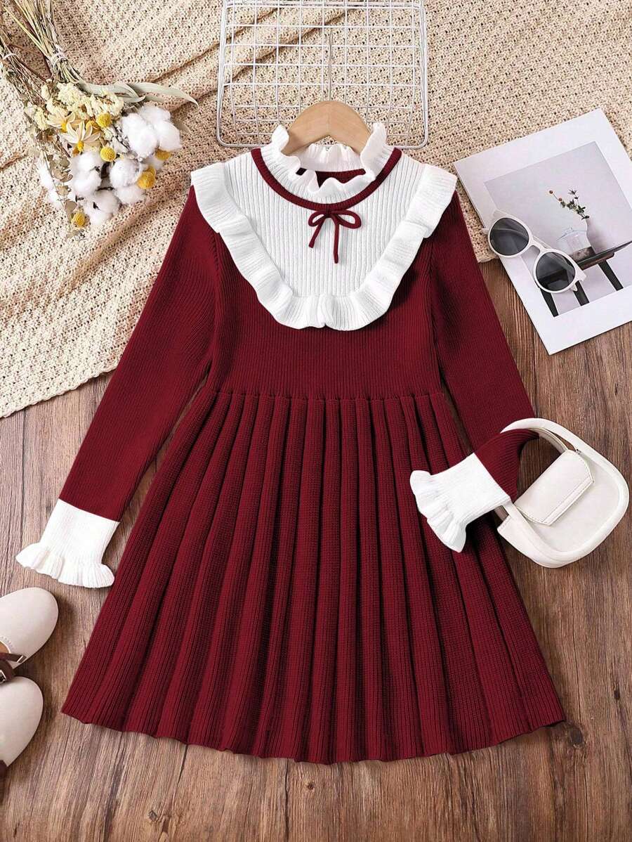 SHEIN Tween Girl Wine Red Angora Knit Sweater Dress With Ruffle Hem, Cute & Soft, Simple Yet Elegant, Versatile, Suitable For Casual, Party, Autumn/Winter