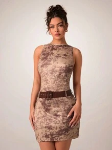 Glamine Women's Sleeveless Abstract Pattern Retro Belted Tight Mini Dress,Khaki,Summer,Punk,Night Out,Vintage Hippie Cocktail Holiday Party Knit Dress - Multicolor - View 7
