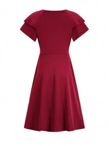 Chiquease 纯色斜领蝴蝶袖A字连衣裙，酒红色女装 - 酒紅色 - 查看 7