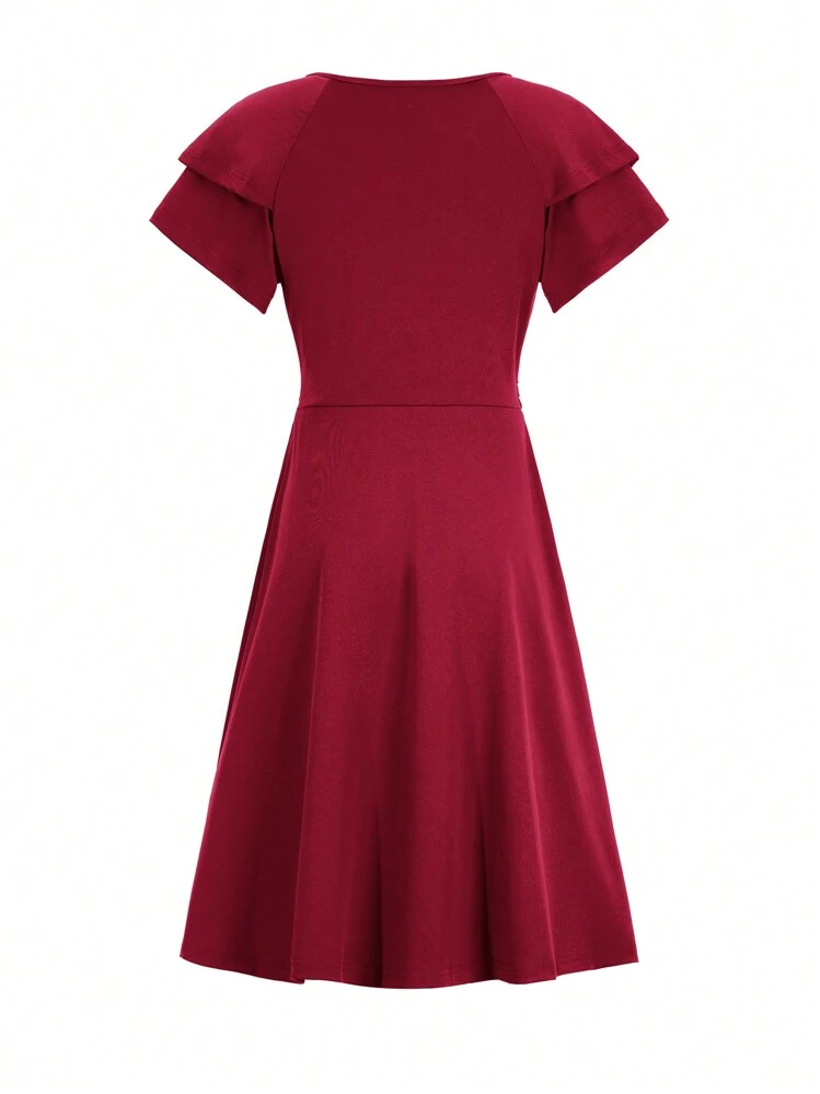 Chiquease Solid Surplice Neck Butterfly Sleeve A-Line Dress Burgundy Color  Women Outfit | SHEIN USA