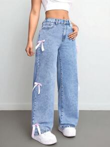 SHEIN Tall Women's Sweet Loose Wide Leg Bow-Knot Blue Y2k Clothes New Years Baggy Jeans, Fall Women Clothes - Medium Wash - View 4