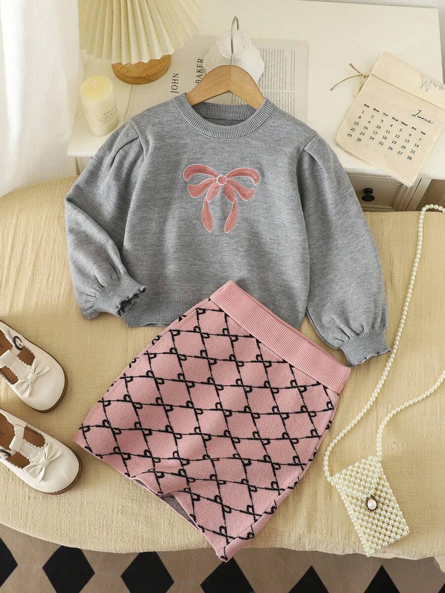 SHEIN Young Girl Autumn/Winter Butterfly Embroidery Lantern Sleeve Sweater And Patterned Knit Skirt 2 Pieces Set