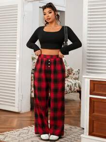 SHEIN EZwear Pantalones holgados de cuadros, de cintura elástica y diseño con botones, para mujer de talla grande, color rojo