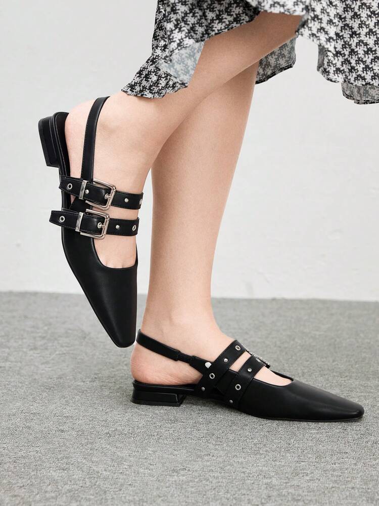 CUCCOO BIZCHIC Women Square Toe Black PU Leather Eyelet Strap Low Heel Flat Loafers, Fashionable Casual Punk Style