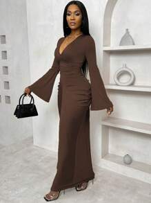 VaVaBold Flare Sleeve Deep V-Neck Waist Ruched Dress - Coffee Brown - View 5
